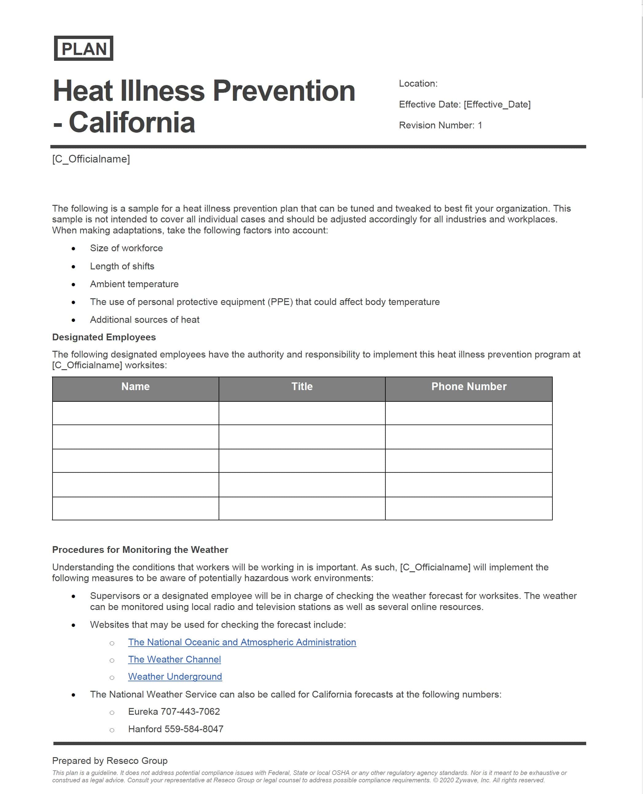 Heat Illness Prevention Plan California Resec 